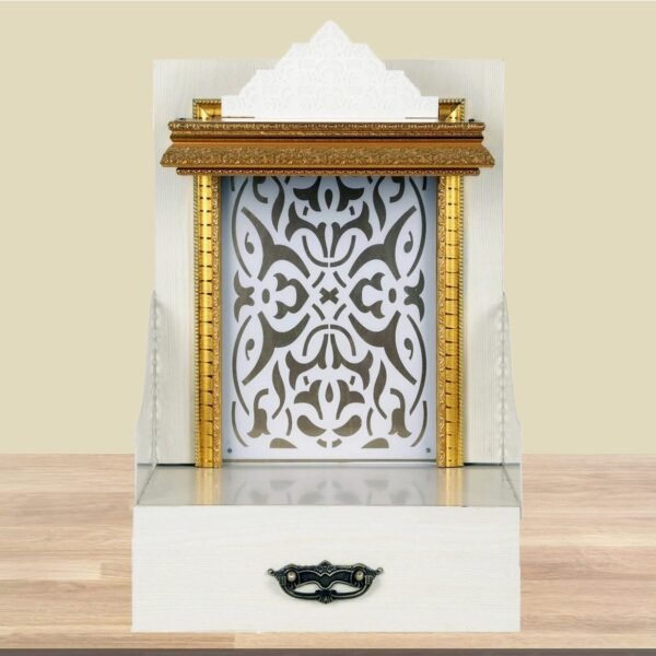 Shriji Temples Customized Wooden temple with LED Light for Home and Office Puja Mandir Wall Hanging & Table Top White Mandir MADE in INDIA