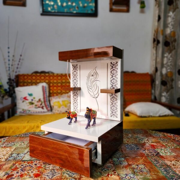 Shriji Temples Wooden Mandir Temple with LED Light for Home and Office Puja Mandir Wall Hanging & Table Top White Mandir MADE in INDIA