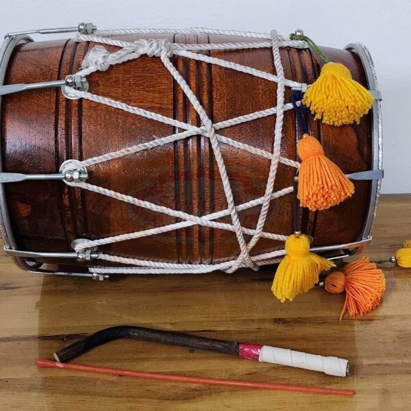 Shriji Wooden Dhol Drum Mango Wood, Natural Color, Barrel Shape, with Bag, Beaters, Nylon Strap, Made in India