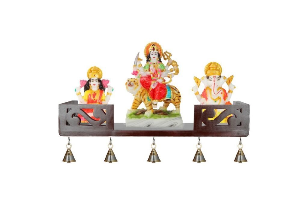 MDF Home Temple Decorative Shelf 45 x 15 x 8.5 cm with 5 Brass Bells   MADE IN INDIA