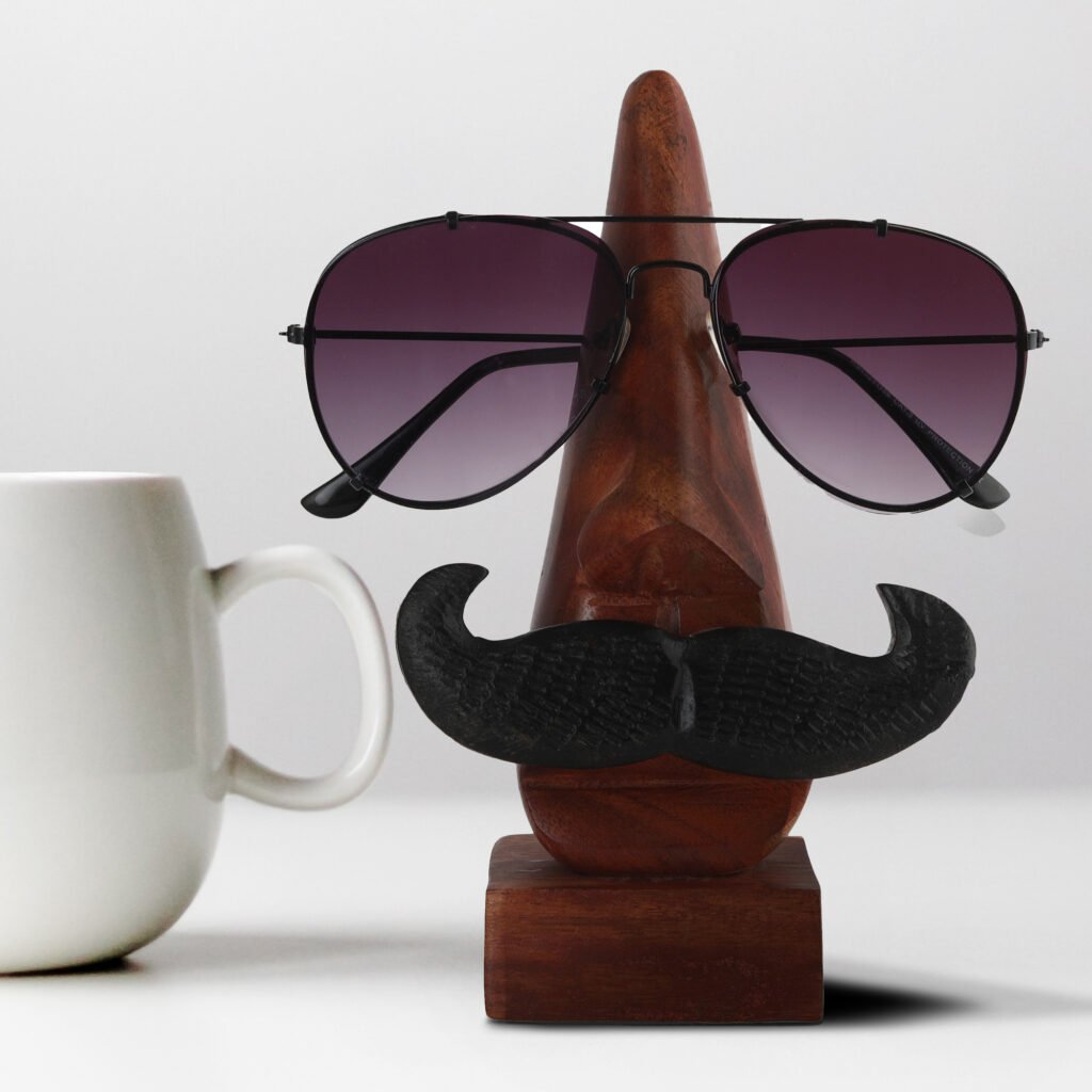 Handmade Wooden Nose Shaped Sunglasses Holder Stand with Black Mustache   MADE IN INDIA