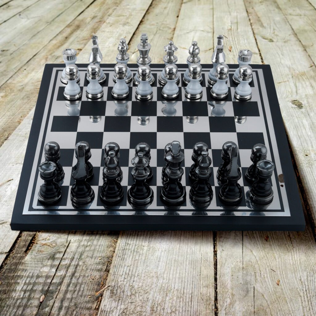 Wooden And Metal Chess Board Game Black and Silver Finish 13.5 x 13.5 inch   Gloss