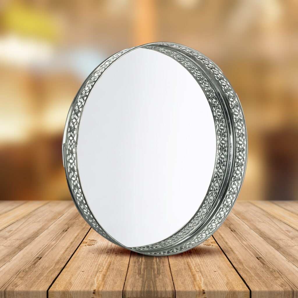 Metal Mirror Tray   Round Silver 25 Dia cm x 3.5 cm Best Gift for Birthdays Diwali