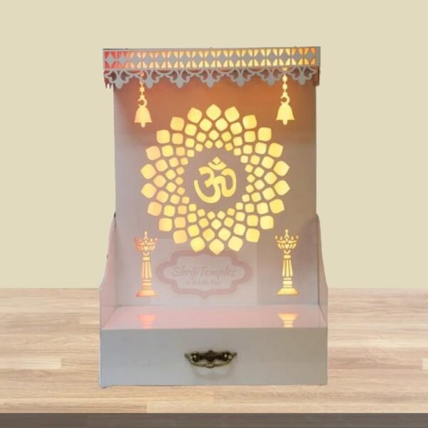 Shriji Temples Customized Wooden temple with LED Light for Home and Office Puja Mandir Wall Hanging & Table Top White Mandir MADE in INDIA