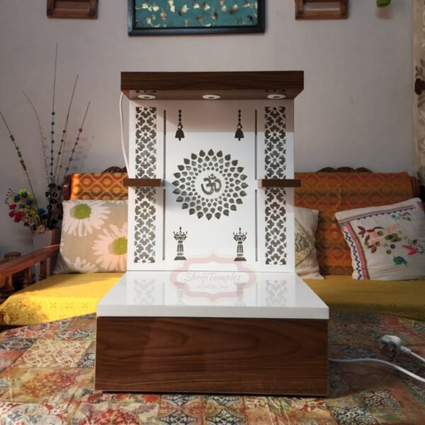Shriji Temples Customized Wooden temple with LED Light for Home and Office Puja Mandir Wall Hanging & Table Top White Mandir MADE in INDIA